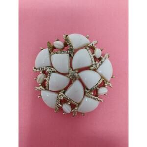 Kramer White Silver Brooch Milk Glass "Stones" and Beads Vintage 2" Diameter MCM